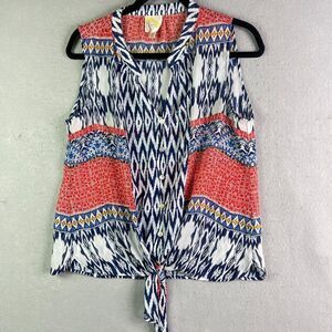 Fig and Flower Top Womens M Blue Red Sleeveless Lightweight Casual Boho Aztec